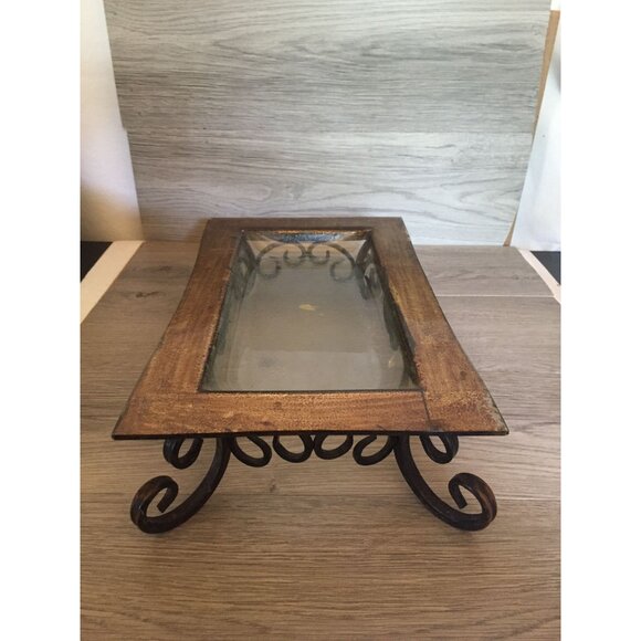 Rustic Metal & Glass Rectangular Centerpiece With Scrollwork Design Gold Finish - Picture 3 of 5